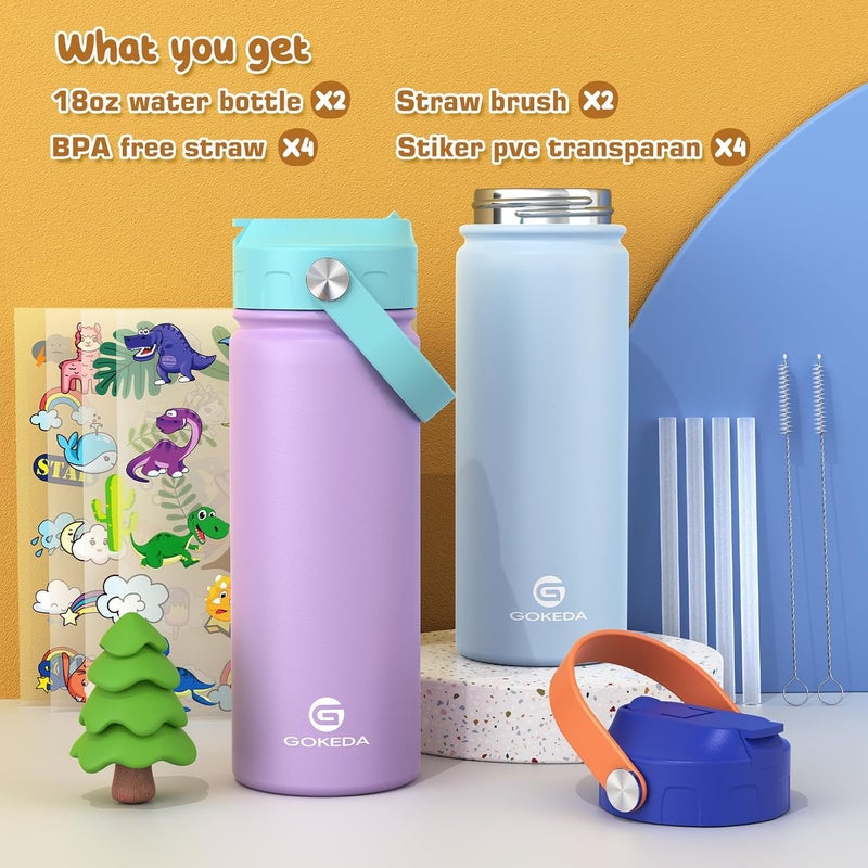 GOKEDA 18oz Kids Water Bottle, 2 Pack Insulated Bottles with Stickers, 18/8 Stainless Steel Vacuum Leak Proof Straw Cup for School, Gifts for Girls(Light Blue, Purple) - Image 4